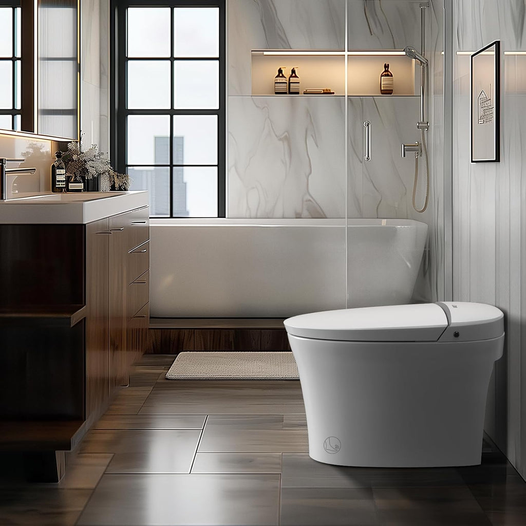 Elongated Smart Toilet with Bidet, Tankless One-Piece Design with Foot Sensor Auto Flush, Heated Seat