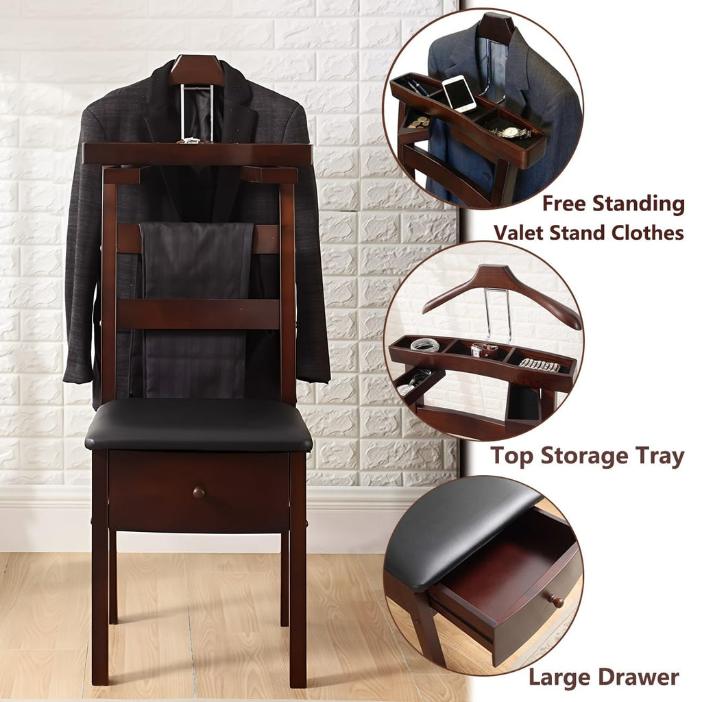 Wood Chair Valet Stand With Hanger Trouser Bar, Top Storage Tray Wardrobe, Clothing Rack Chair Valet With Cushion