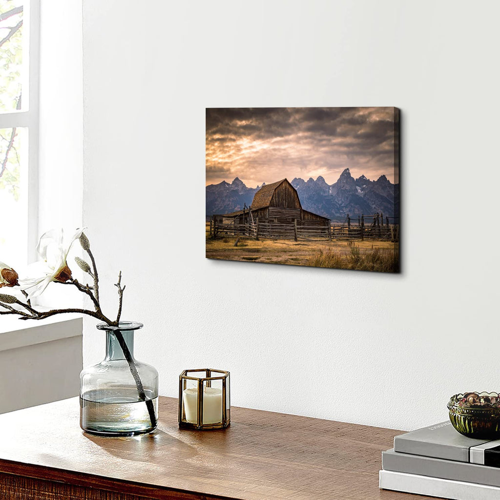 Grand Teton National Park Canvas Wall Art Sunset Moulton Barn Landscape Wall Decor, Wyoming Nature Mountains Scenery