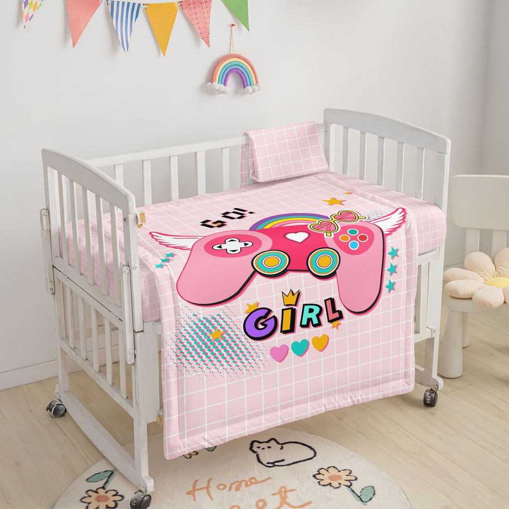 Crib Bedding Set,3pcs Nursery Crib Bedding with Comforter Crib Sheet & Crib Skirt,Pink Gamepad Printed Nursery
