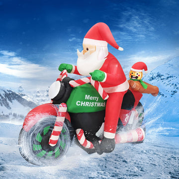 6FT Christmas Inflatable Santa Riding Motorcycle with Gingerbread Man Lighted Blow Up Outdoor Decoration for Holiday