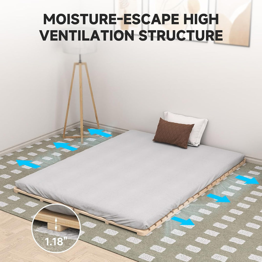 Foldable Floor Bed Frame, Wood Slat Base for Futon Mattress