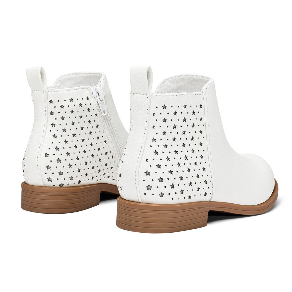 Girls Ankle Boots Low Heel Booties with Side Zipper, White PU