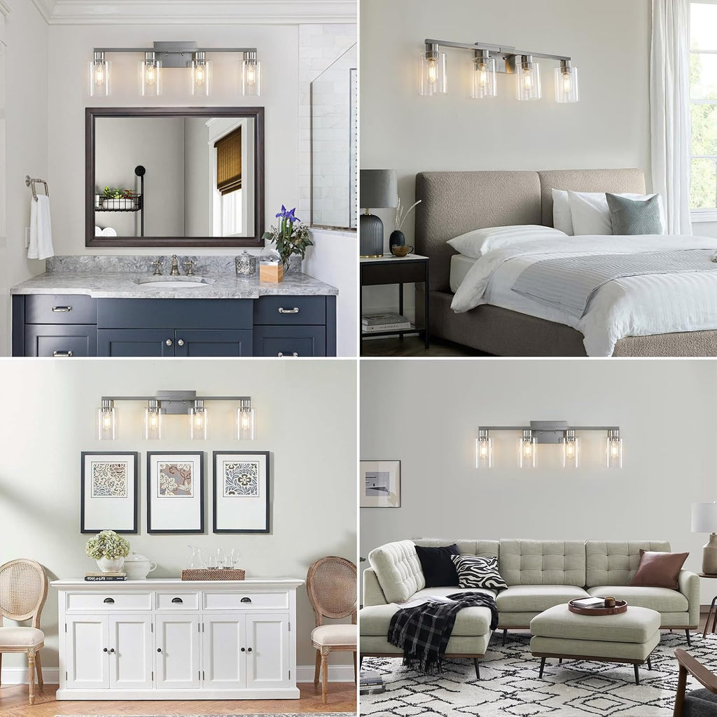 4 Light Bathroom Light Fixtures, Brushed Nickel Modern Bathroom Vanity Light with Clear Glass Shade, Bathroom