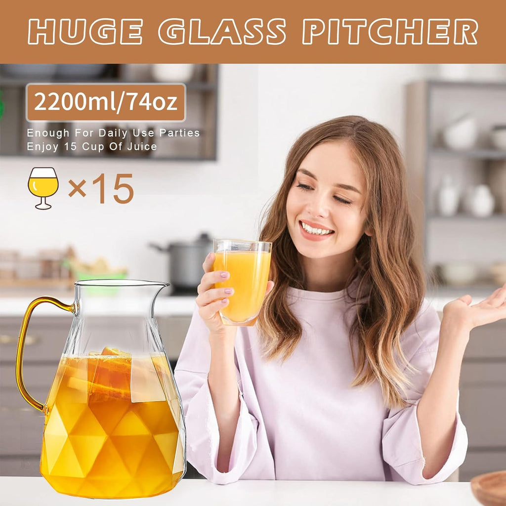 Glass Pitcher, 2.2 Liter Water Pitcher With Lid,Iced Tea Pitcher for Fridge,Carafe With Lid, Glass Water Jug For