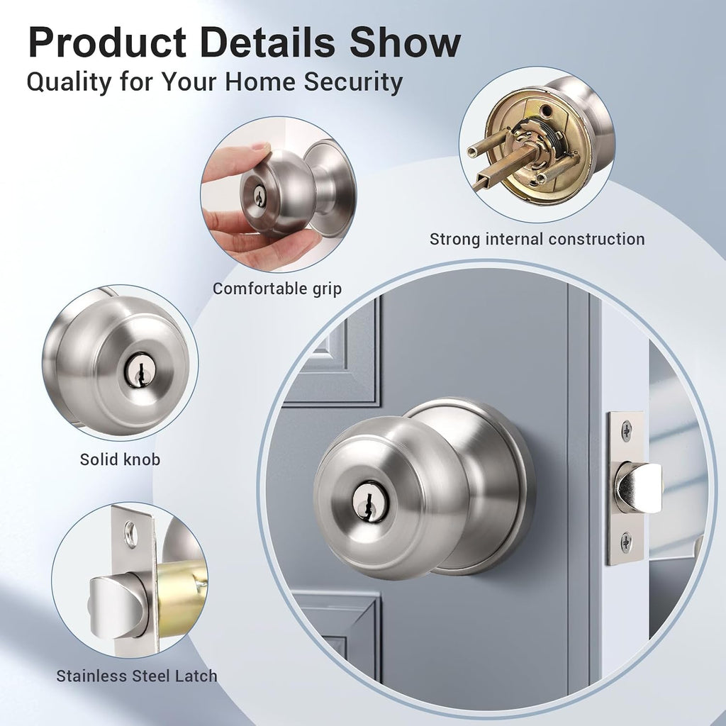 2 Pack Brushed Nickel Door Knob with Lock and Key, Keyed Alike, Exterior Keyed Door Knobs Lock with Same Keys in