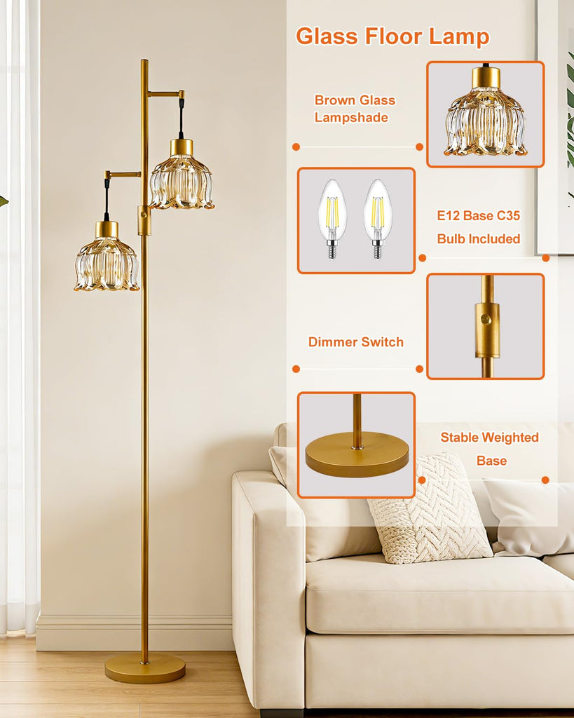Amber Flower Glass Floor Lamp 2-Light Dimmable Gold Tall Lamps