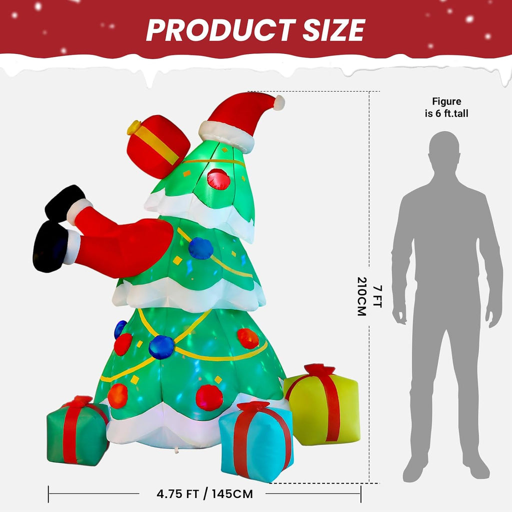 7FT Inflatable Christmas Tree Decorations Outdoor with Built-in LEDs Lights, Blow Up Santa Claus Tree with 4 Gift