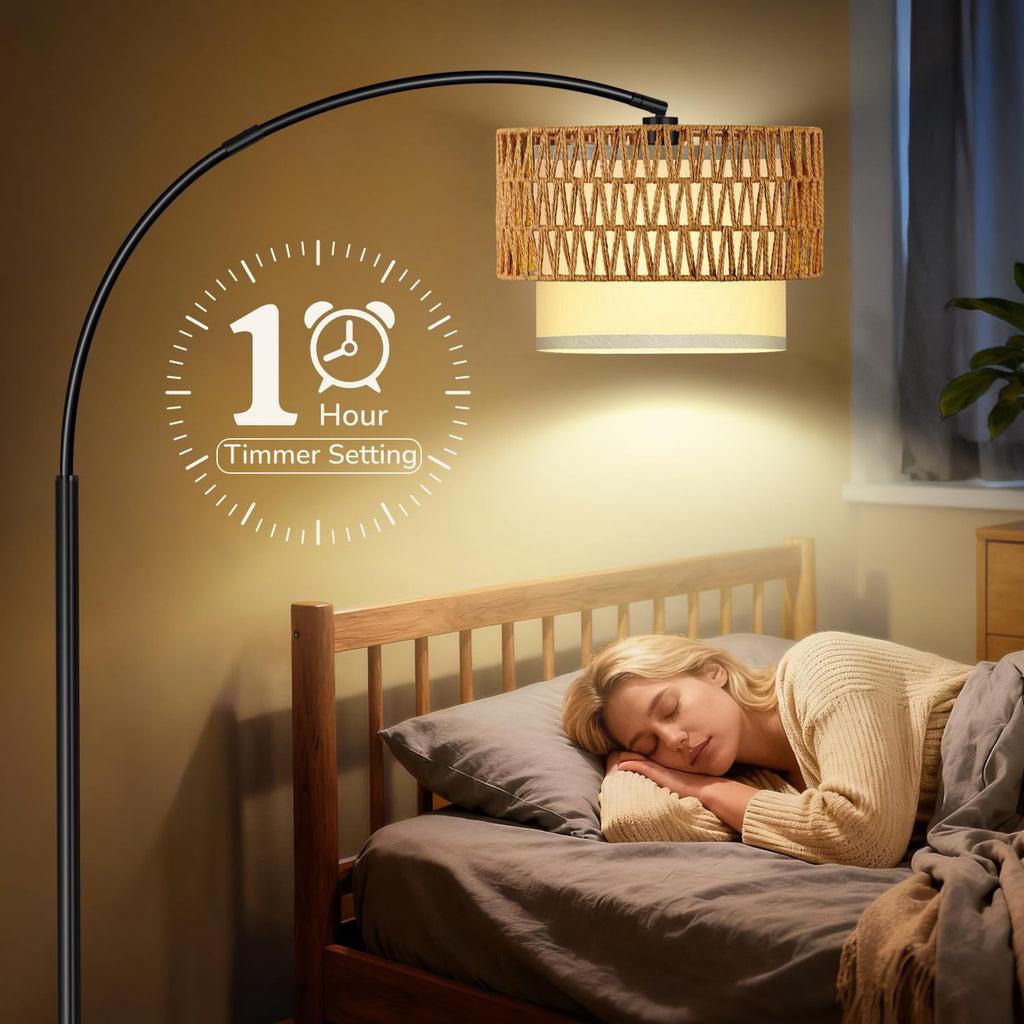 Arc Floor Lamp, Rattan Boho Floor Lamp with Remote Control, Black Standing Lamp with 3 Color Temperatures & Dimmable