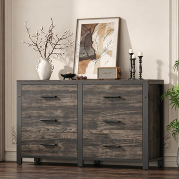 Dark Rustic, Wide Wood Dressers Furniture with 6 Wooden Drawer and Metal Frame, TV Stand with Deep Drawer (Dark
