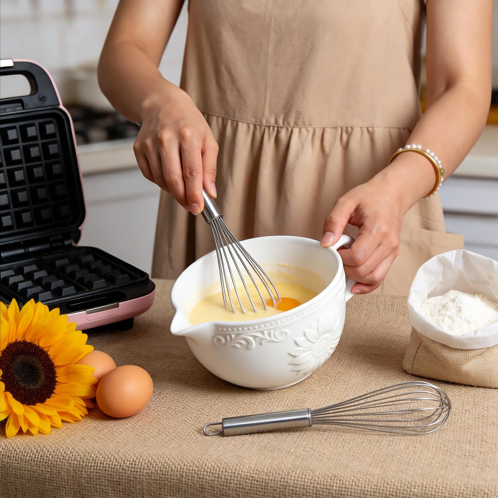 Sunflower Embossed Ceramic Mixing Bowl, 1 Quart Batter Bowl, with Pouring Spout and Handle
