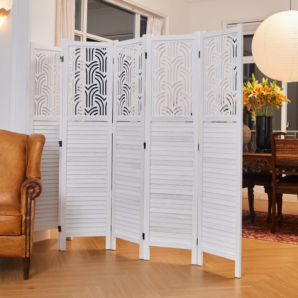 Folding Room Divider, 66.9 Inch 6 Panels Wood Carved Privacy Screens, Free Assembled Freestanding Portable Separation