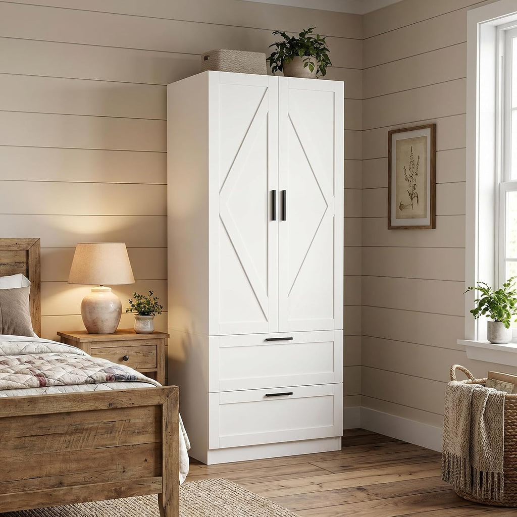 70.9" Tall Armoire Wardrobe Closet with 2 Drawers, 2 Doors & Hanging Rod, 31.5" W Farmhouse Wooden Wardrobe Clothes