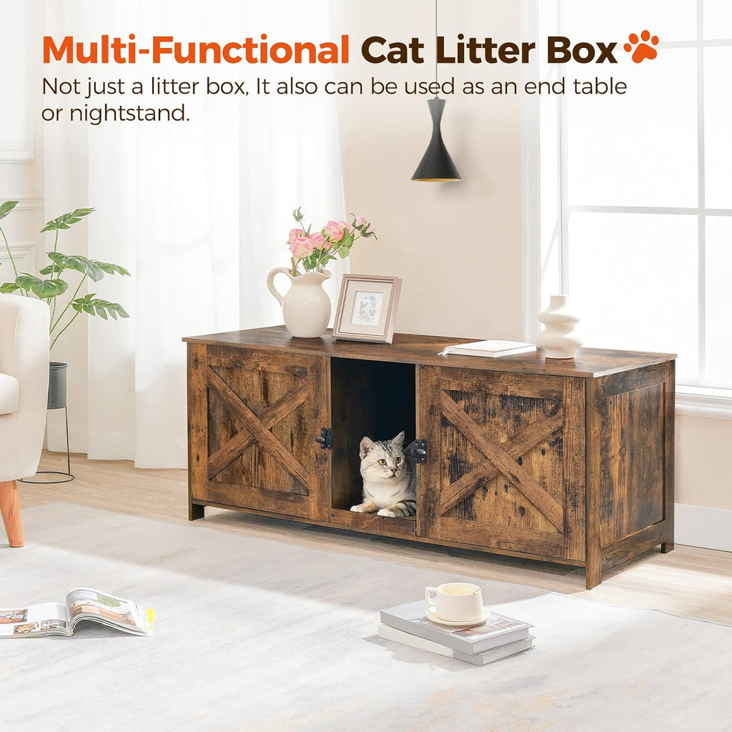 Cat Litter Box Enclosure for 2 Cats, 47.2" Hidden Litter Box Furniture with Double Room, Wooden Cat Washroom