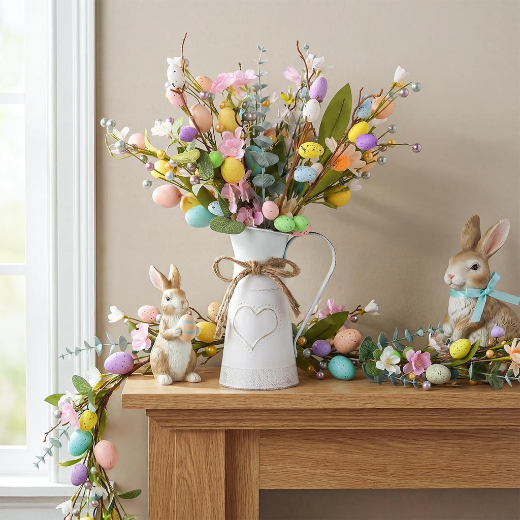 Easter Decorations: Rustic Easter Flowers Artificial Easter Eggs with Metal Pitcher Vase, Table Centerpieces Floral - Set of 17