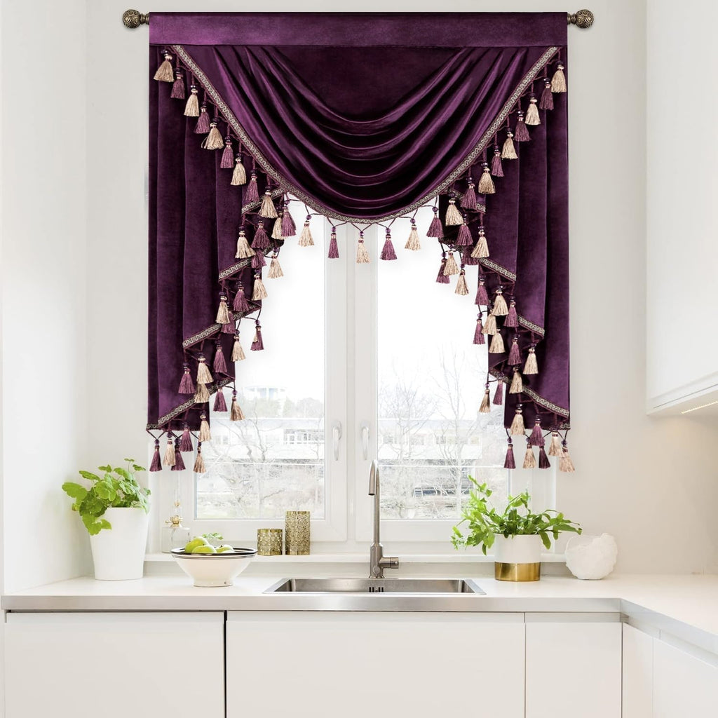 Vintage Style Waterfall Valances, Luxury Dark Purple Velvet Valances with Handmade Tassels, Decorative Solid Window