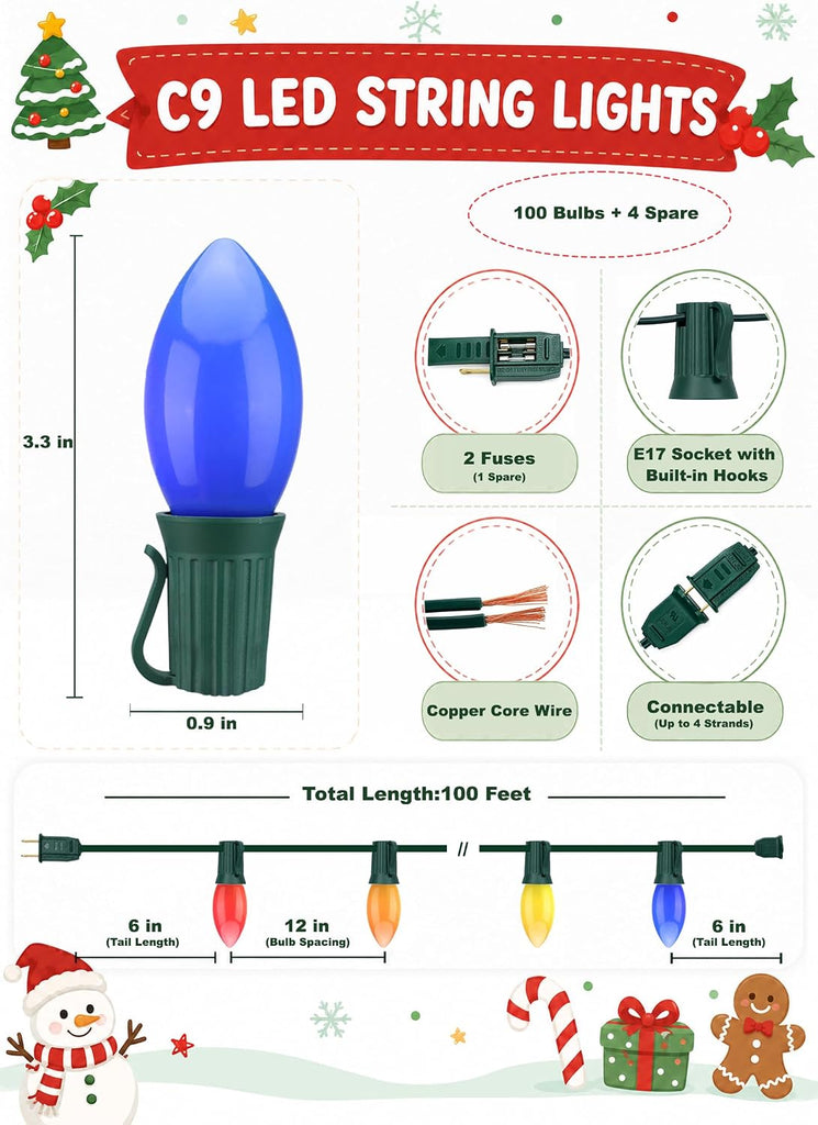 C9 Christmas Lights Outdoor 100FT Multicolor LED String Lights 100+4 Bulbs IP65 Waterproof Connectable Warm White