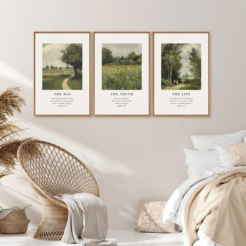 Christian Scripture Framed Canvas Wall Art Set, Jesus Bible Verse Posters Wall Decor, Vintage Monet Nature landscape