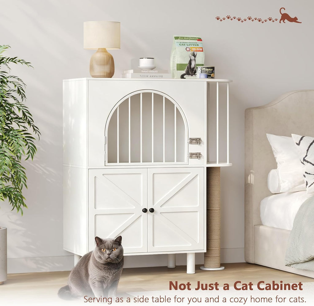 Dog Proof Cat Feeding Station with Scratching Post, Pet Food Storage, White