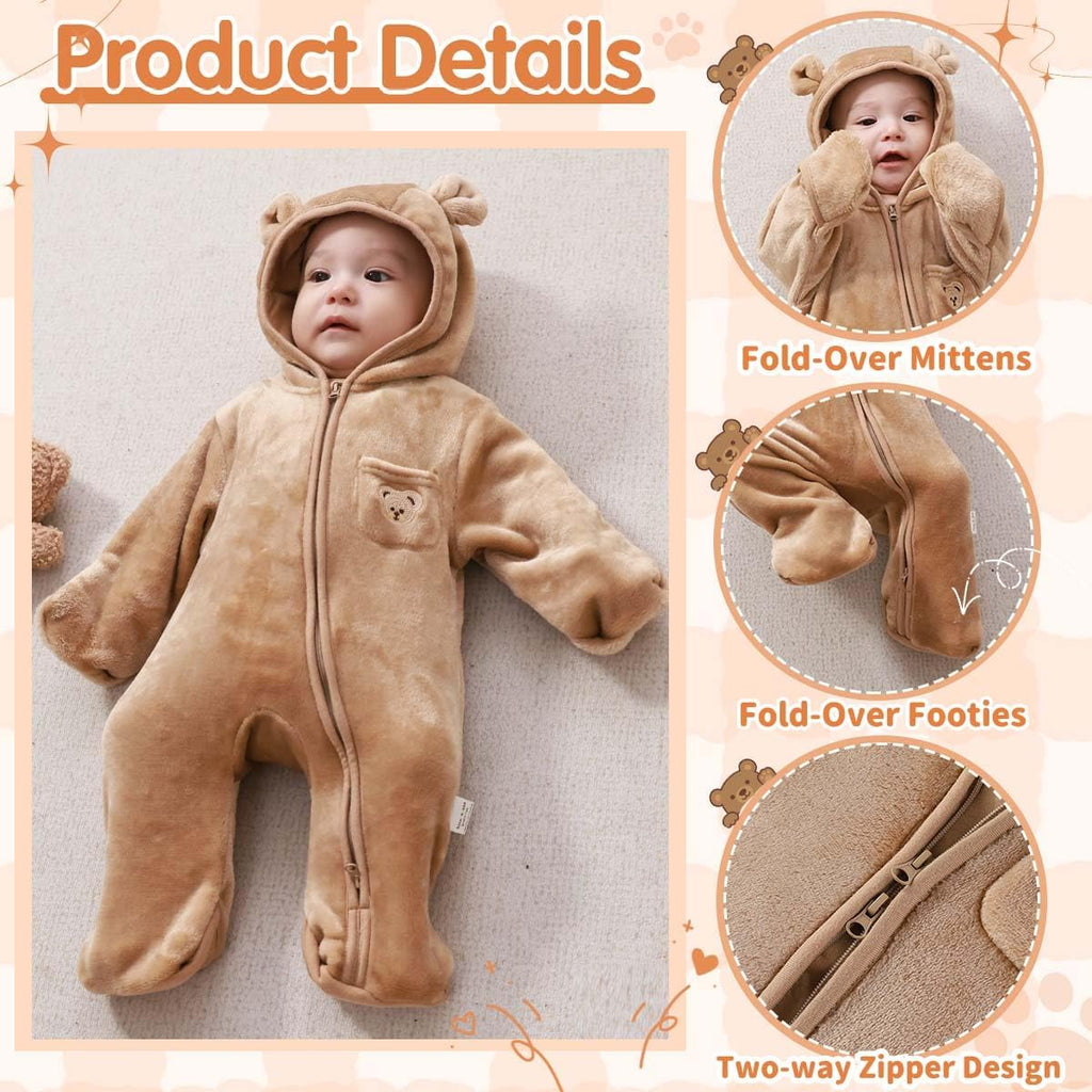 Baby Bear Outfit With Fold-Over Mittens Footies Thin Fleece Romper Hooded Jumpsuit Winter Coat Girls Boys