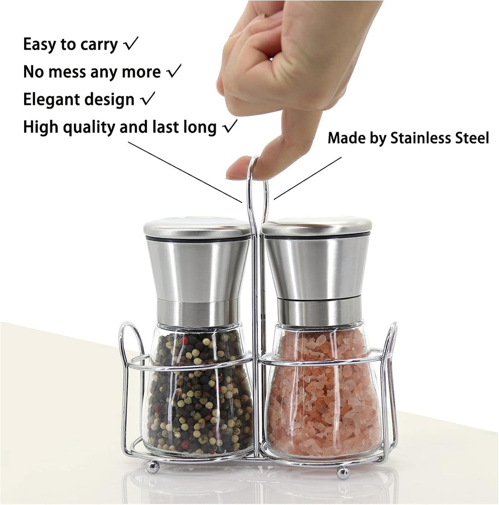 Salt and Pepper Grinder Set Refillable Adjustable Mill with Stand - Set of 2