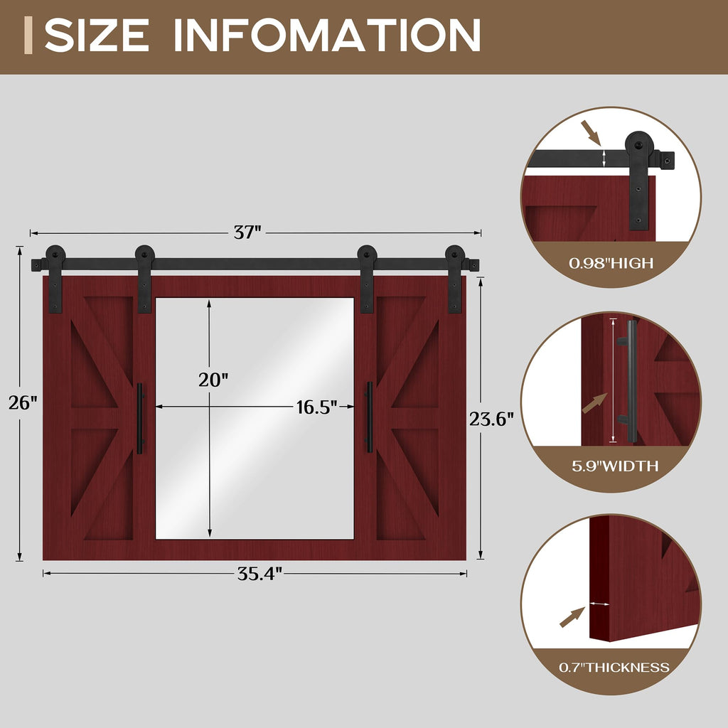 Farmhouse Barn Door Mirror - 37" x 26" Wall Mirror Rustic Espresso