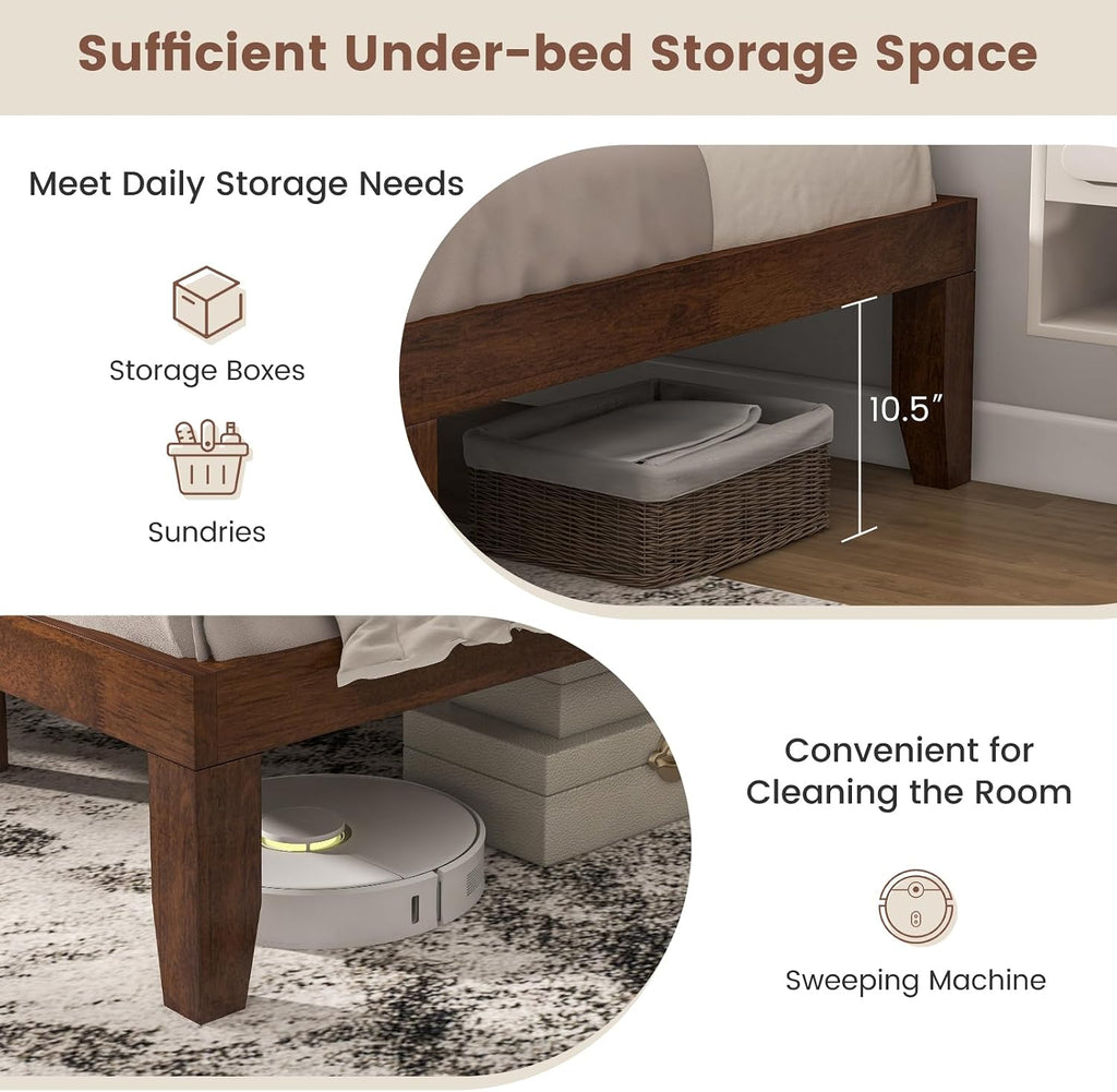 14 Inch Queen Wood Platform Bed Frame, Minimalist Style Mattress Foundation with Solid Rubber Wood, Heavy Duty Slat