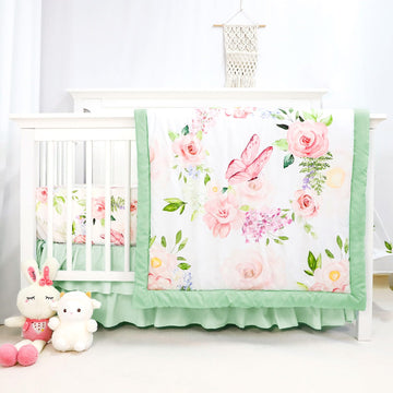 4 Piece Crib Bedding Set for Girls, Baby Girl Crib Bedding Set Butterflies Floral Nursery Bedding Set Includes