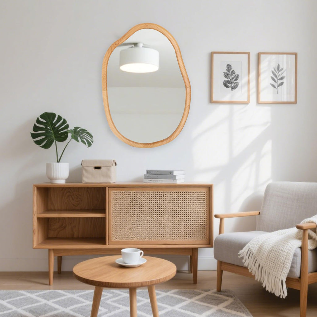 Irregular Wall Mirror, Wood 22X30 Large Asymmetrical Modern Vanity Bathroom Farmhouse Abstract Walnut Nature Mirror