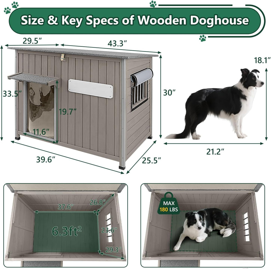 43.3" L Large Outdoor Dog House Weatherproof Doghouse for Medium to Large Dogs with Anti Bite Frames Wooden Dog