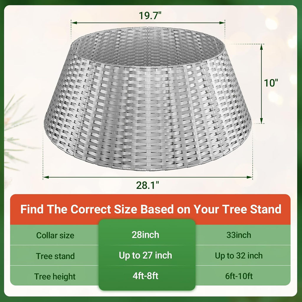 Christmas Tree Collar, 28 Inch Silver Woven Xmas Tree Skirt for 7.5 ft Trees, Stylish Rustic Basket for Tree Base