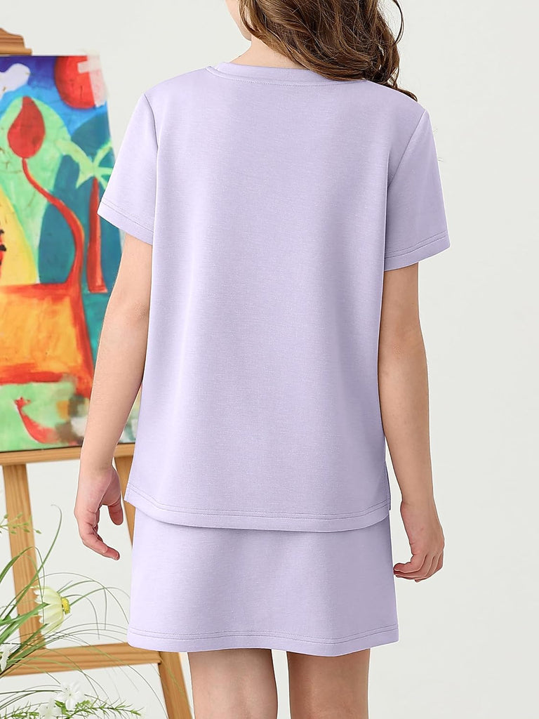 Girls Summer Outfits Skirt Set Casual Short Sleeve T-Shirt and Drawstring Skort with Pockets 2 Piece Clothing Sets
