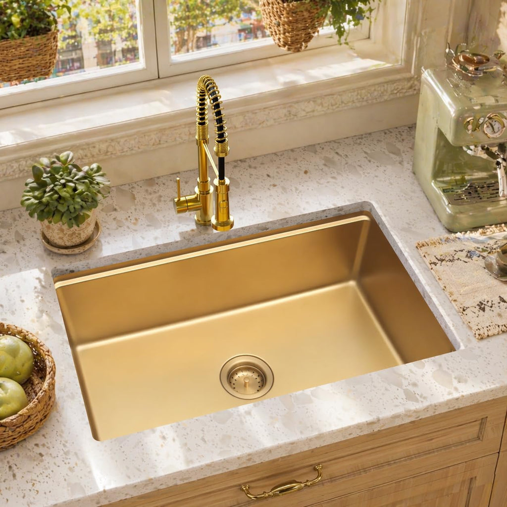 32 Inch Gold Undermount Kitchen Sink, 32" x 18" Gold Workstation Sinks, Stainless Steel Single Bowl Sink with Custom