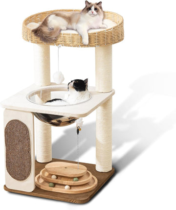 Modern Cat Tree for Indoor Cats, 30 in Cat Tower with Basket Bed