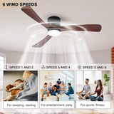 Modern 52 Inch Flush Mount Ceiling Fan with LED Lights and Remote Control - 3 Wood Blades, Reversible DC Motor, 6 Speeds, Timer - Walnut and Matte Black