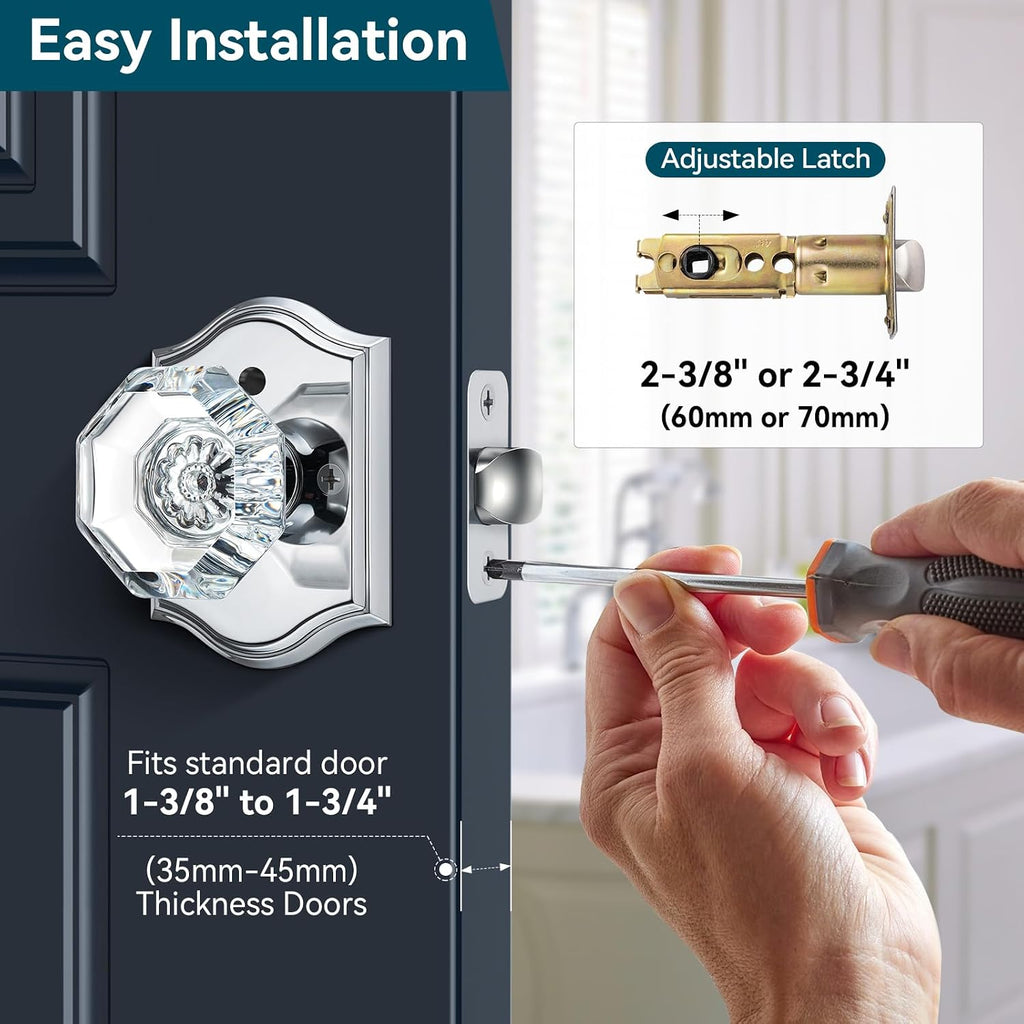 Chrome Crystal Door Knob Interior, Privacy Glass Door Knob, 1Pack