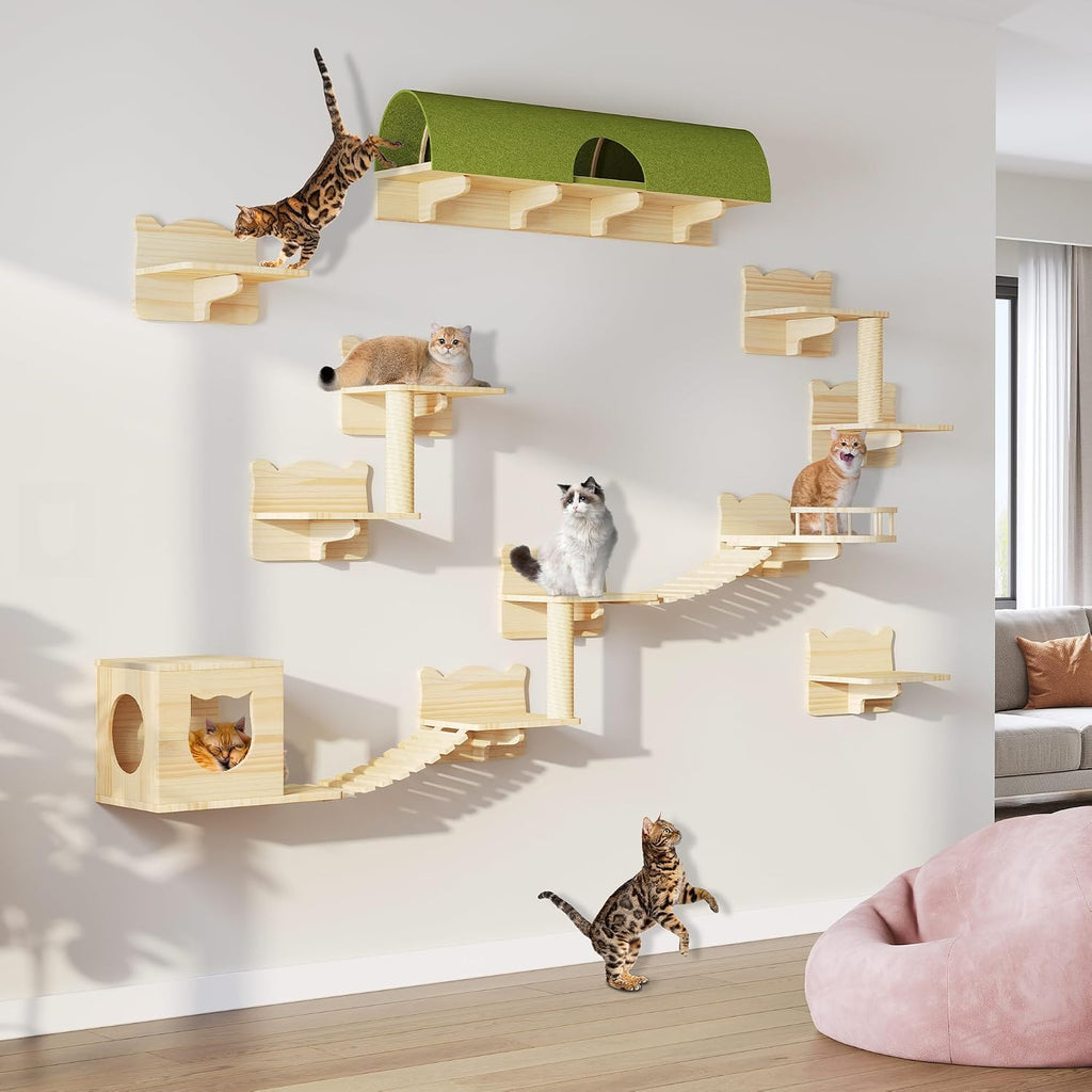 Cat Wall Shelves, 16-in-1 Cat Wall Furniture Set w/Tunnel & Bridge