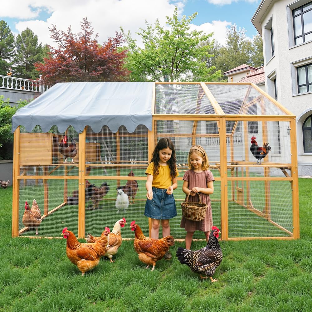 Large Outdoor Wooden Cat Enclosure with Walk-in Design and Waterproof Cover for Cats, 110 Inch Yellow Kitten Playpen