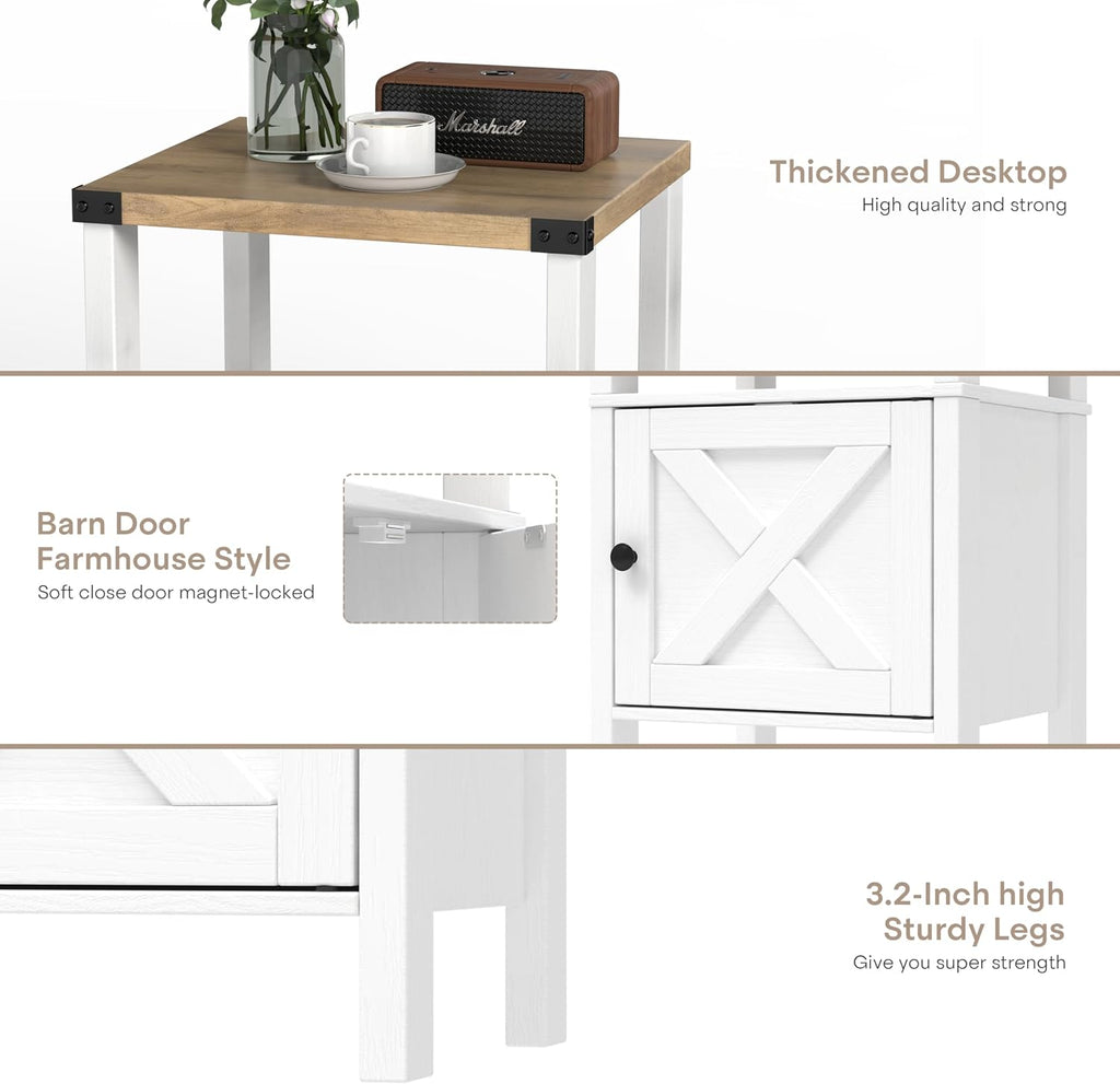 Farmhouse Nightstands with Charging Station, Rustic Vintage Side End Table with Storage, Wood Side Table with Barn
