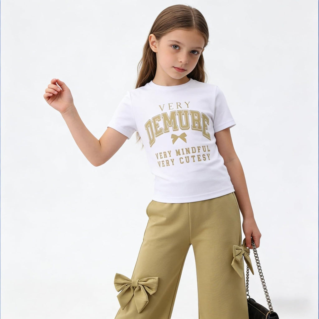 2 Pieces Outfits Graphic Letter Print Crop Top & Bow Wide-Leg Pants Girl Clothes Set