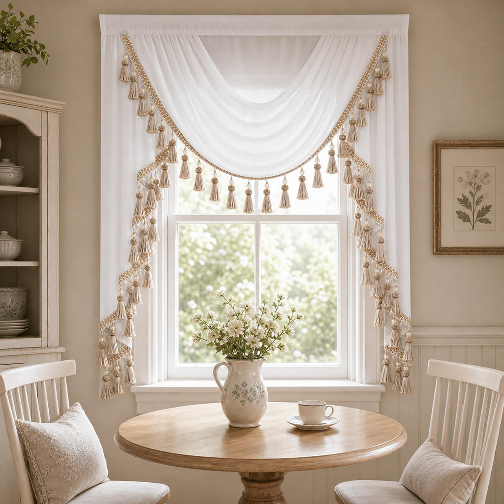 Luxury Sheer Waterfall Valance for Windows, 39 Inches Wide White Swag Curtains for Wedding Party & Small Windows