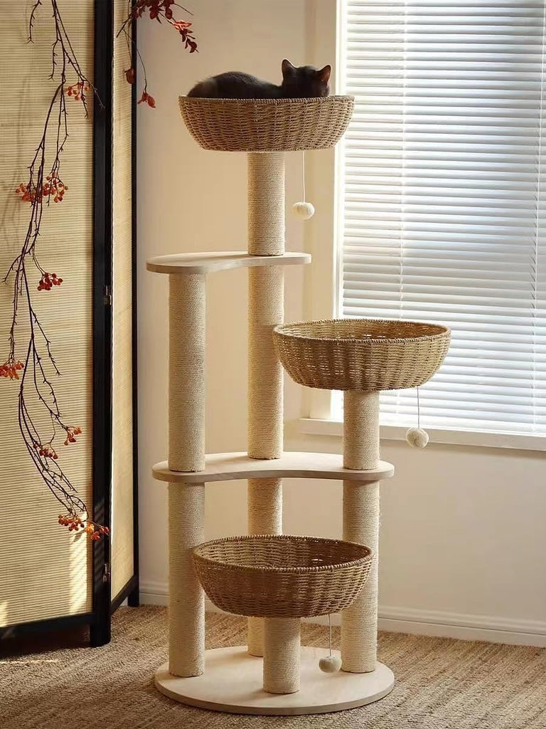 54" Large Modern Cat Trees, Luxury Rattan Oak Solid Wood Cat Trees Towers, 3 Weaving Cat Nests & Washable Cool