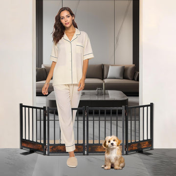 Freestanding Short Dog Gate, 16" Tall Pet Gate Indoor with Support Feet Easily Step Over, 4 Panel Metal Wood Foldable