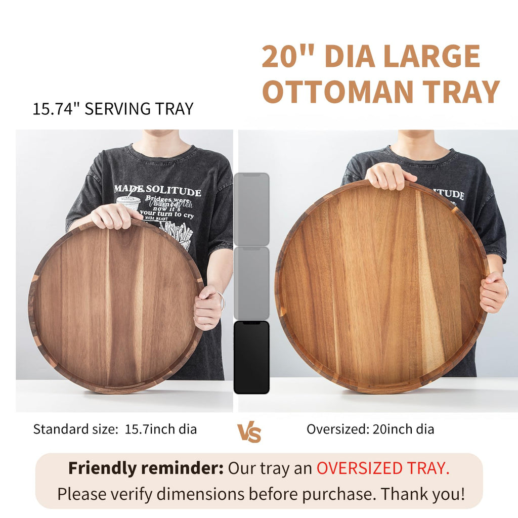Extra Large Round Serving Tray, 20INCH, Heavy Duty Acacia Wood Trays for Big Ottoman Coffee Table Counter Giant
