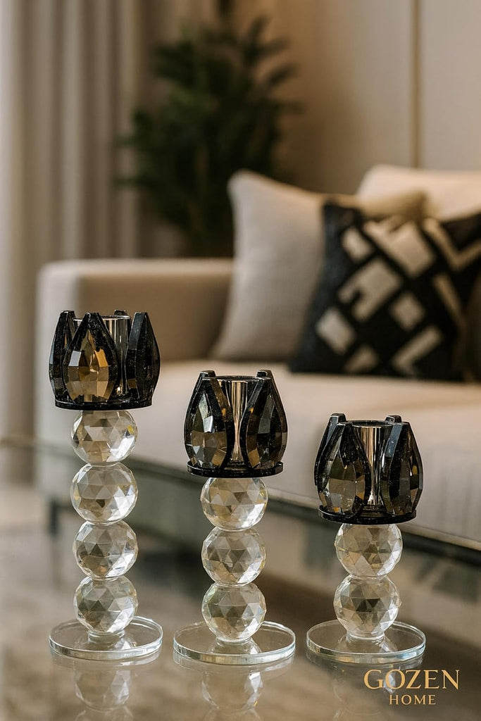 Quality Crystal Candle Holder Set 3 Piece Black Modern Glam for Dining Table, Console, Living Room - 6.3" x 5.5"