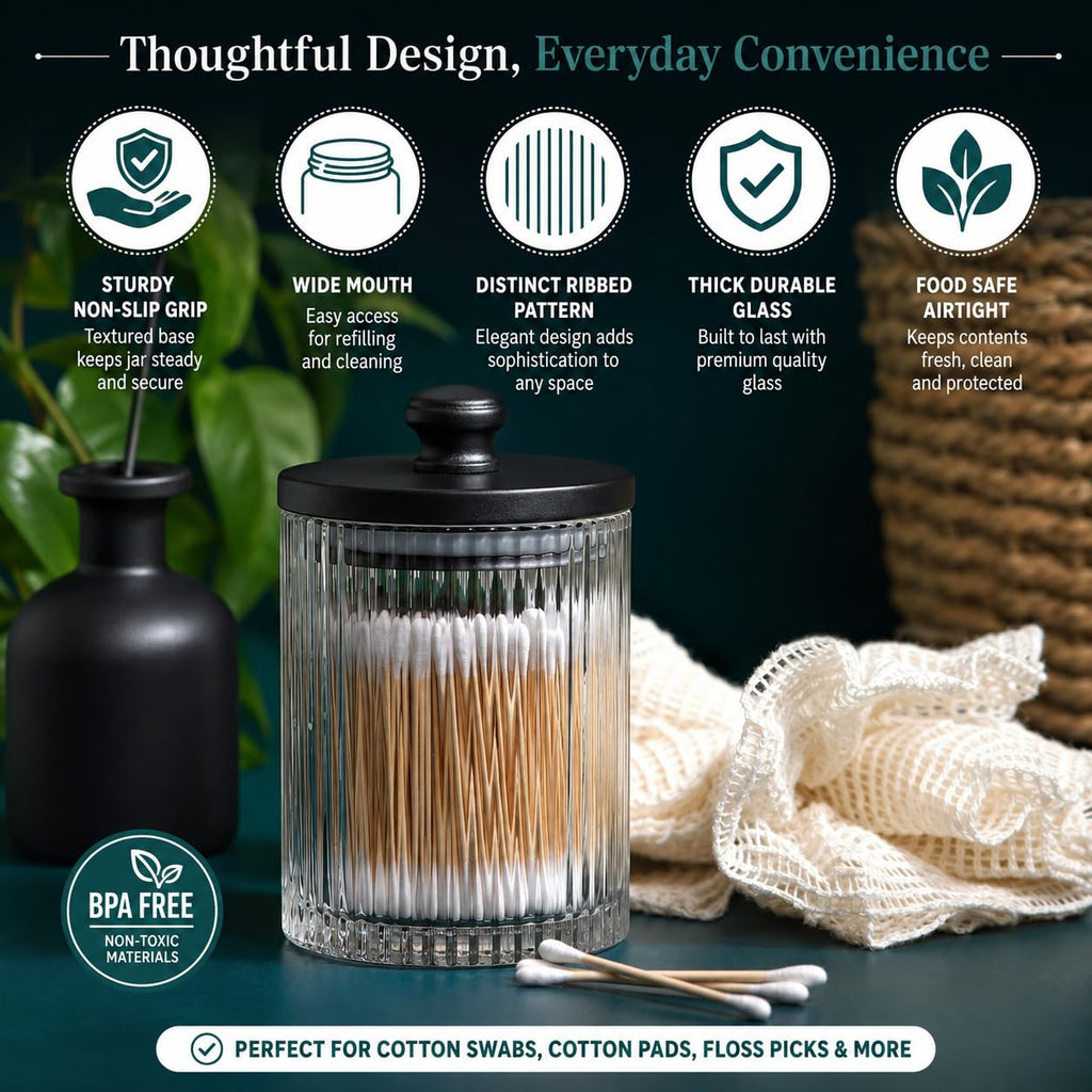 Ribbed Glass Bathroom Jars | Set of 2 Farmhouse Style Storage Canister with Airtight Black Wooden Lids | Cotton