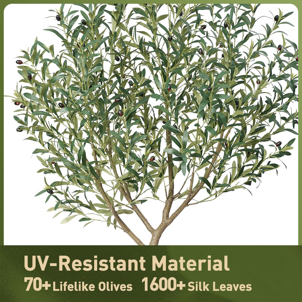 Artificial Olive Tree 7FT, UV Resistant Tall Fake Tree Indoor Outdoor with Brown Taper Planter & Pebbles - Potted
