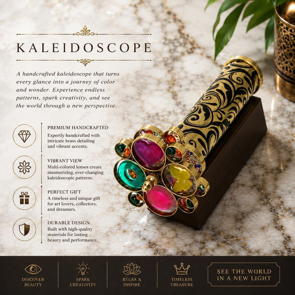 Handcrafted Etched Lacquered Brass Kaleidoscope | Floral Engraved with Dual Separate Turning Wheels | Vintage