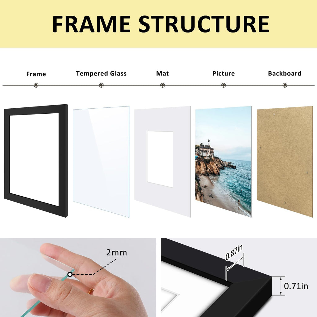 11x14 Frame with Mat for 5x7, Real Glass, Black