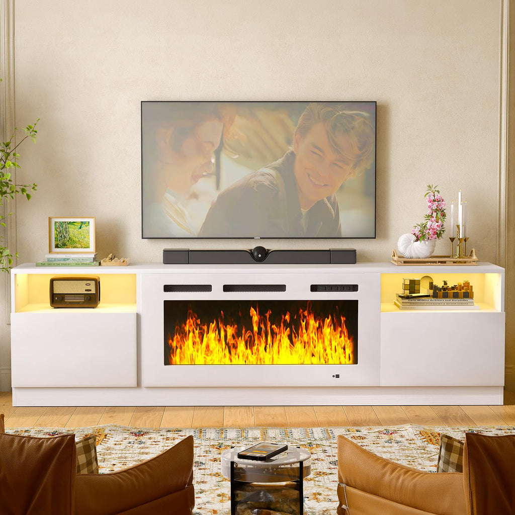 80" Fireplace TV Stand for TVs Up to 90", LED Light Entertainment Center with 36" Electric Fireplace, Modern Wood
